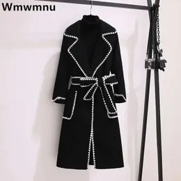 Womens Wool Blends Overdimensionerade 4xl Fall Winter Woolen Long Coats Lapel Slend Jackets med bälten Koreanska eleganta tjocka överrockar 231021