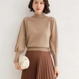 Suéteres femininos 2023 Pure Wool Cashmere Sweater Mulheres Meio Alto Pescoço Pulôver Casual Lanterna Manga Knit Tops Outono e Inverno Feminino Jack