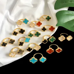 2023 Luxury Brand Clover Ring Fashion Double Flower Agate Vans Cleef Ring 18K Gold Ring Designer smycken för kvinnor