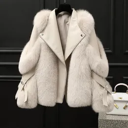 Winter Faux Fur Coats Beige Fox Collar Button Leather