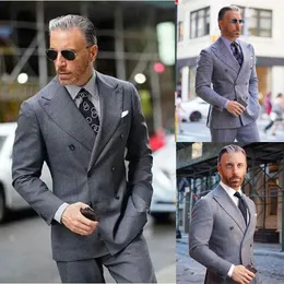 Dark Grey Men Business Suit 2 Piece Blazer Pants Double Breasted Formal Workwear Wedding Groom Tuxedo Slim Fit Jacket