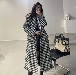 Womens Wool Blends Fashion Houndstooth Faux Jacket Women Autumn Korean Elegant Single Breasted Long Overcoat Winter Thick Warm Blend Outwear 231020