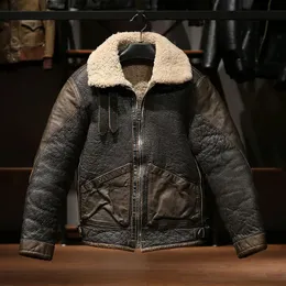 Herrläder faux läder europeisk högkvalitativ super varm äkta fårläderjacka Mens Big Size B3 Shearling Bomber Military Pilot päls 231020