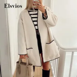 Women's Wool Blends Autumn 2023 Casual Vintage Pockets Female Coat Fashion Edge Contrast Color Loose Cardigan Women Winter Long Sleeve Outwear 231020