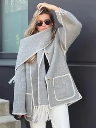 Wool wełna miesza gruby wełniany płaszcz Kobiety moda Tasse Bow Neck Długie rękaw koronkowy kurtka kobieca jesień zima luźna dama ulica 231020