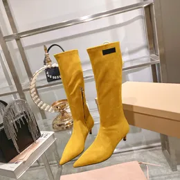 Dress Shoes Suede Leather Pointed low heeled mid length boots Captivating show notion of fashion Half zipper closure on the side Knit mark label about 40 cm boot leg new