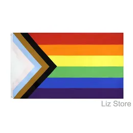 Großhandel 90 * 150 cm Dreieck Regenbogen Flaggen Banner Polyester Metallösen LGBT Homosexuell Regenbogen Fortschritt Stolz Flagge Dekoration TH1206