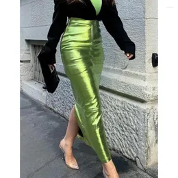 Юбки, пикантные блестящие роскошные длинные женские юбки с высокой талией, зеленая тонкая макси-юбка цвета металлик, лето 2023, элегантная одежда для дня рождения