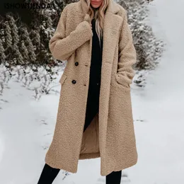 Kadın Yün Karışımları Kadın Kış Sıcak Ceket Peluş Sahte Kürk Çift Kelime Kruvaze Uzun Yakası Kürklü Cep Katları Palto Pilot 231020