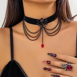 Chokers Kunjoe Gothic Red Long Tassel Crystal Spider Pendant Necklace For Women Men Punk Black Velvet Metal Chain Halloween 231021