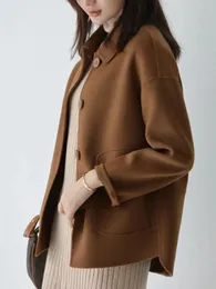 여자 양모 블렌드 여성용 가을 겨울 패션 모직 재킷 주머니는 단색 낙타 검은 폴로 칼라 코트 숙녀 고품질 231021