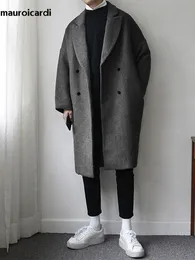 Męskie okopy płaszcze mauroicardi jesienne zima luźne luźne swobodne szary czarny miękki ciepły wełniany płaszcz męski Lapel podwójnie piersi Koreańska moda 231021