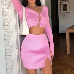 Knitted Women's Sweater Two Piece Dress 2023 New Fall Sexy V-Neck Long Sleeve Crop Top Cardigan And Mini Skirt Set 2PCS Suit Clothing