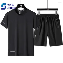 Conjuntos de treino masculino verão secagem rápida seda gelo respirável treino cor sólida plus size moda casual correndo ginásio conjunto bermuda