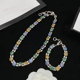 Pulseira de colar de prata vintage, conjunto de joias de designer floral colorido, senhoras elegantes e personalizadas, presentes de alta qualidade