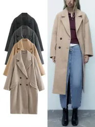 Kadın Yün Blend's Sonbahar Kış Moda Kavacı Gevşek Mid -Pocket Yün Katlı Çifte Breasted Uzun Ayrılmış Sıcak Kadın Palto 231020