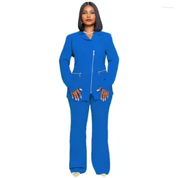 Pantaloni a due pezzi da donna abito lungo casual giacca a maniche lunghe con cerniera blu africano pantaloni dritti larghi 2023 autunno 3XL