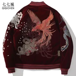 Men's Down Parkas Thicken Bomber Jacket Men Dragon Phoenix Animal Embroided Jbaseball Ackets Winter Japanese Retro Outwear Warm Velvet Coat 231020