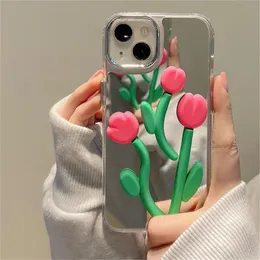 Casos de telefone celular luxo bonito dos desenhos animados 3d rosa tulipa flor espelho de prata caso macio para iphone 11 14 pro max plus 12 13 capa de silicone 231021
