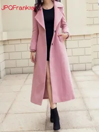 여자 양모 블렌드 2023 가을과 겨울 분홍색 모직 긴 슬림 한 얇은 코트 무릎 두꺼운 여자 옷 231020