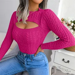 Frauenpullover Sexy Hollow Out Pullover Frauen 2023 Herbst Winter Langarm Strickpullover Schwarz Rosa Grün Pruple 231020