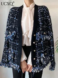 Women's Wool Blends UCXQVintage Tassels Patchwork Jacket Contrast Color Vneck Single Breasted Loose Coat Female Casual Fashion 2023 23A2383 231020