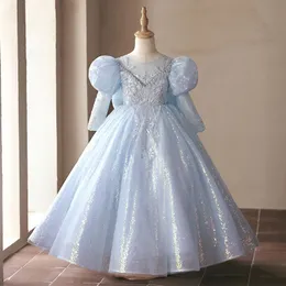 Vestidos de flor de renda brilhante e graciosa para o casamento azul blingbling uma linha de mangas compridas