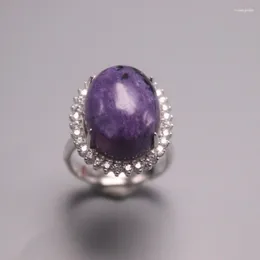 Cluster Rings Solid S925 Sterling Silver Ring Women Luck Purple Charoite Oval Zircon 20mmw US6-8 Gift