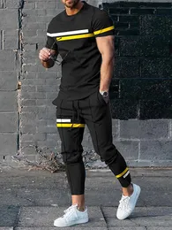 Men's Tracksuits Men's Tracksuit Printed Sportswear Short Sleeved T-shirt Trousers Summer Suit Casual Joogers 2 Piece Sport Tshirts Long Pant Set 231021