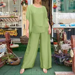 Pantaloni a due pezzi da donna Abito alla moda Camicetta a mezza manica con orlo a due strati Pantaloni a gamba larga 2 pezzi Set eleganti da abbinare per donna Tuta casual estiva