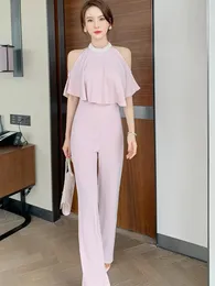 Women's Jumpsuits Satin Summer Sweet Elegant Women Jumpsuit Pink Pearl Halterneck Off Shoulder Ruffles Wide Leg Long Femme Rompers Vacation Party Office 2024