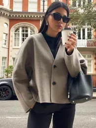 Damen Wollmischungen, modisch, V-Ausschnitt, Wolljacke für Frauen, Herbst, elegant, schick, kurze Mäntel, weiblich, einreihig, Taschendame, kurze Oberbekleidung 231021