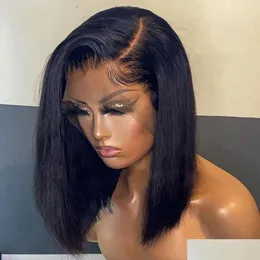 Perucas sintéticas Bob peruca dianteira do laço cabelo humano brasileiro para mulheres negras pré-arrancado curto natural 13x4 em linha reta hd fl fechamento frontal dhwey