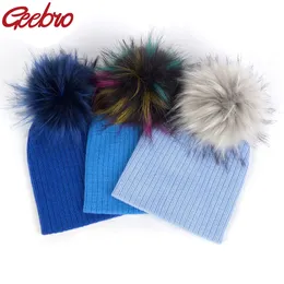 Largo Brim Chapéus Bucket Geebro Inverno Moda Bebê Meninos Meninas Faux Fur Pompom Soft Caps Crianças Childs Lã Malha Skullies Beanies 231020