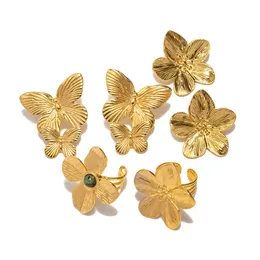 Hochzeitsschmuck-Sets Youthway 316 Edelstahl Schmetterling Blume Metallguss Textur Ring Ohrringe Set 18 K vergoldet Trendy 231020