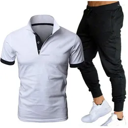 Herrspårar Summer Cotton Color Matching Casual ShorteVed Polo Shirt Fashion Sports Trousers Passar 2-Piece Outdoor C