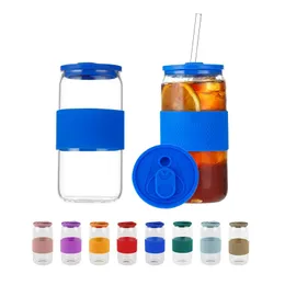 16oz 20oz Clear Soda Beer Can Glass Cups With Colorful Silicon Sleeve and Lids Mason Tumbler Juice Jar Iced Beverage Drinking Glasses Smoothie Cups Coffee Mugs