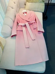 2023 Autumn Pink Gradient Color Belted Wool Blends Outwear Coat Långärmning Notched-Lapel-knappar Dubbelbröst långa utkläder A3O118666