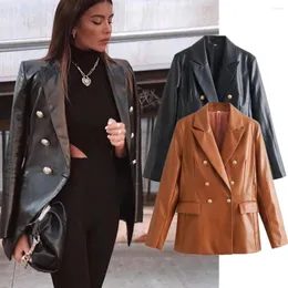 Kvinnors kostymer Maxdutti 2023 Autumn High Street Leather Jacket Casual Blazers Passar Kvinnor Fashion Blogger Retro Double Breasted