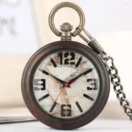 Pocketur Marmored Numbers Dial Ebony Quartz Watch Retro Gift för män Kvinnor Trähänge Kapslös tidstycke