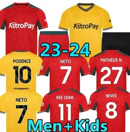 Wolves SARABIA LEMINA home away terceiro GK camisa de futebol SEMEDO NETO GOMES CUNHA Wanderers J OTTO PODENCE HEE CHAN Wolverhampton 2023 24 camisas de futebol vermelho homens crianças kit