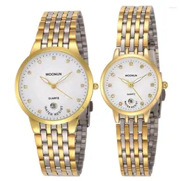 Armbandsur 2023 Woonun Top Par Watch Set Män kvinnor ultrat tunt guld rostfritt stål kvarts-watch modeälskare par