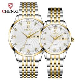 New Chenxi زوجين شحن مجاني للنساء والرجل من الفولاذ المقاوم للصدأ أسبوع التقويم الكوارتز Wristwatch الأعمال