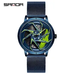 Sanda P1088 Hot Sell Stainless Steel Band Watch Premium Quartz Movement Car Rim Wheel Shaped Rotating Dial Relogio Masculino
