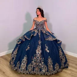 Abiti Quinceanera lucidi blu navy con applicazioni dorate Perline di pizzo Corsetto senza maniche con lacci Prom Sweet 16 Vestido De 15 Anos