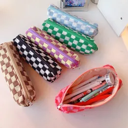 Pencil Cases For Girls Trousse Scolaire Pencil Pouch Korean Stationery Checkerboard Pen Bag Purse Knitting Estuche Escolar Pencilcase