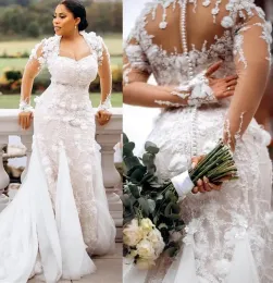 2023 Long Sleeves Mermaid Wedding Dresses 신부 가운 3d Floral Lace Applique 스팽글 구슬로 만든 스위프 트레인 커스텀 멍청이 de Novia Plus Size Beach Garden