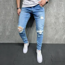 Jeans masculinos namorado magro homens moda casual de alta qualidade joelho rasgado elástico lápis calças tendência legal fácil correspondência