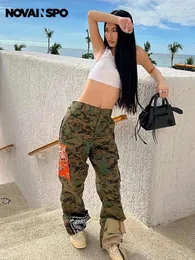 Calças femininas Novainspo camuflagem impressa oversize mulheres hipster bolsos retalhos zíper bottoms primavera streetwear calças casuais y2k