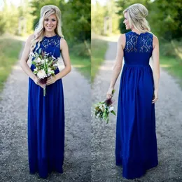 2023 Country Style Royal Blue Long Bridesmaid Dresses Cheap Sheer Lace Jewel Neck Zipper Back Chiffon Maid of the Honor Gowns Floor Length